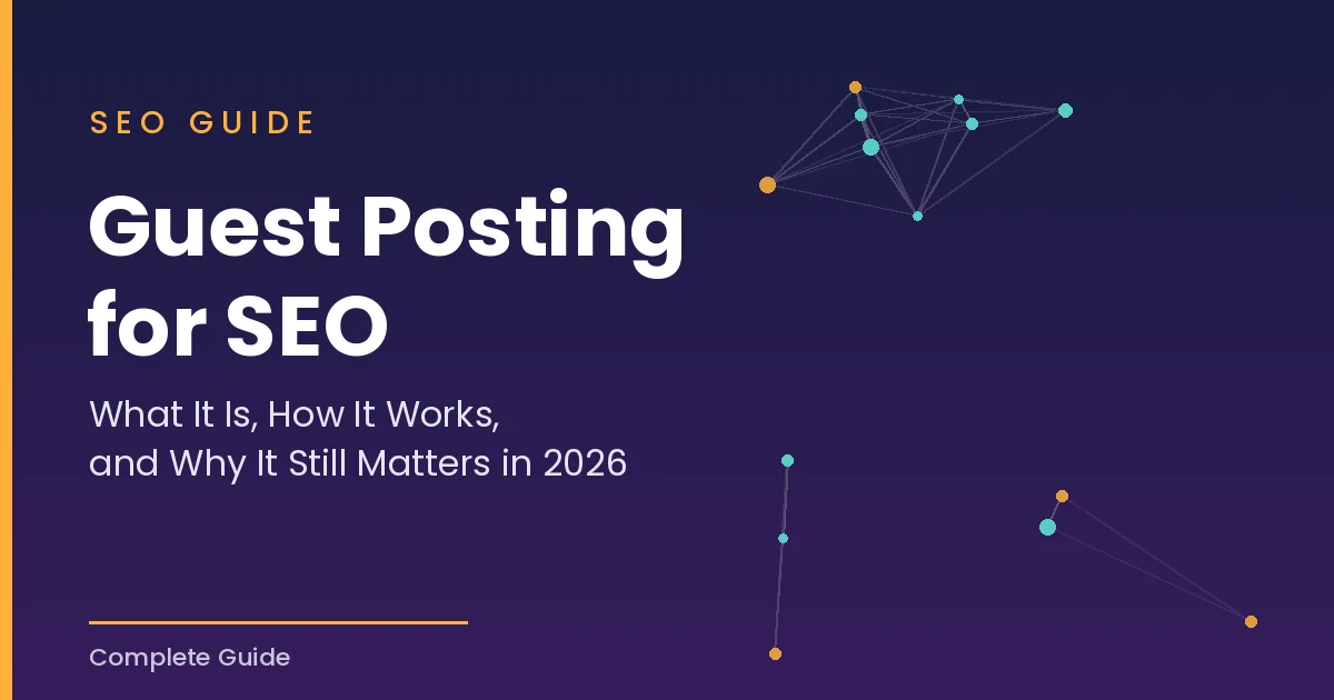 "Guest posting for SEO illustrated as a connected backlink network with article title"